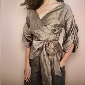 W by Worth Linen Blend Wrap Blouse Tan Taupe Metallic Size 2